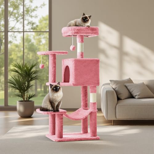 Small 44 Inch Cat Tree Tower with Natural Sisal Scratching Posts (Pink / 43.6"×13.7"×17.7")