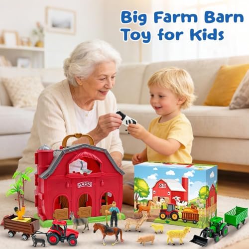 Farm Animals Big Red Barn Toy with Tractors Fence for Toddlers 1 (Farm Barn Playset)