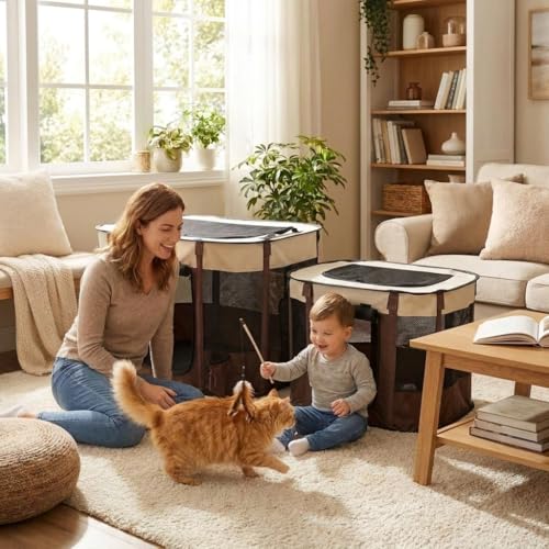2-in-1 Dual-Zone Pet Playpen for Cats & Small Dogs, Portable Indoor Outdoor Pet Enclosure with Connected Rest & Feeding Areas, Foldable Pet Tent with Carrying Bag (Brown / Medium (2-IN-1))