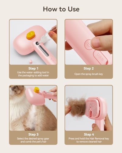 3-in-1 Pet Steam Brush,Spray Hair Removal Detangling Comb,Pink (Pink)