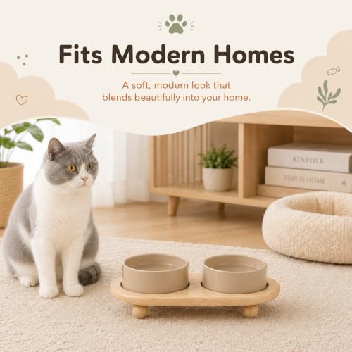 Raised Cat Bowl 5.1” Elevated Ceramic Cat Food and Water Bowl Set (Greige)