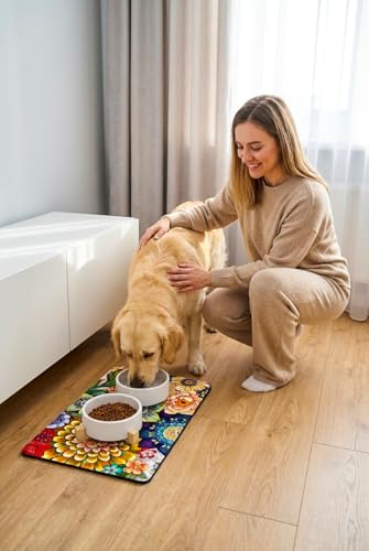 Dog Food Mat 12" x 19" Flower Absorbent Dog Cat Bowl Mat for Food and Water (Colorful Mandala / 12"L x 19"W)