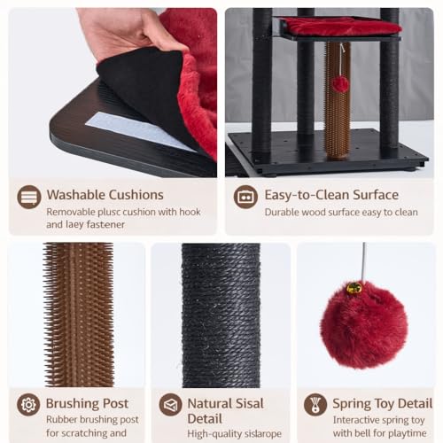 67.7" Wooden Cat Tree for Large Cats (Black/Red / 23.6"L x 22.8"W x 67.7"H)