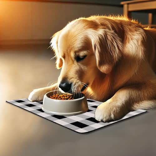 Plaid Pet Mat for Food and Water (Grey Black)
