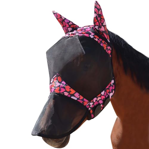 Pro LumiVista Horse Full Face Fly Mask Large Eye Space Long Nose with Ears UV Protection for Horse Cute Hearts M (Cute Hearts / M)
