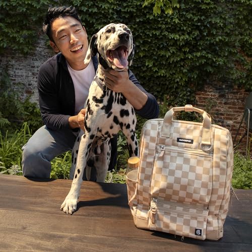 Porter 2-in-1 Dog Gear Travel Backpack - 10 Pockets, Checkerboard (Tan Checkerboard)