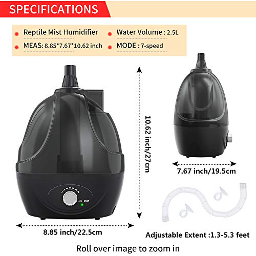 Reptile Humidifier Mister Fogger Tank Extension Amphibians 2.5L (Black-2 Tube)