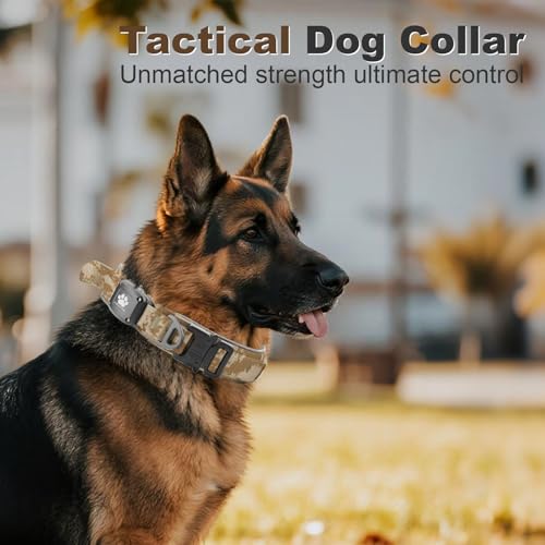 Tactical Dog Collar with IPX8 Waterproof AirTag Holder (Camouflage Khaki / M(15"-18.5"))