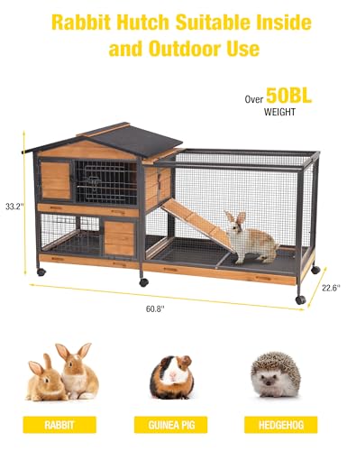 Rabbit Hutch Indoor Bunny Cage with Run Outdoor Rabbit House with Two Deeper No Leak Trays (Brown / 60.78"L x 22.6"W x 33.2"H)