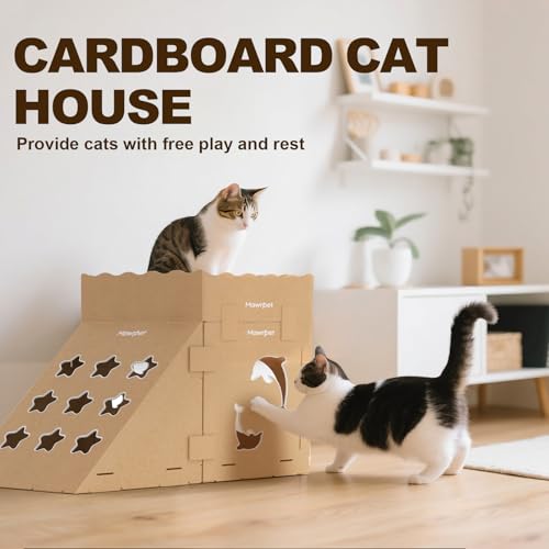 DIY Cardboard Cat House with Scratching Pad (Kraft Brown / 4 Boxes + 1 Roof + 1 Triangular + 4 Scratchers)