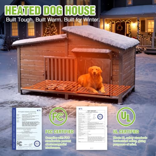 Heated Dog House Outdoor with Heated Pad 60" Extra Large Dog Kennel with Chew
