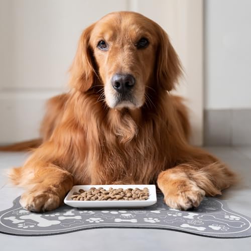 Dog & Cat Food Mat Bone Shaped Pet Feeding Mat Quick Absorb Water Bowl Placemat with Rubber Backing Indoor Floor Stain Resistant Pet Accessory Supplies (Grey / 12"L x 18"W)