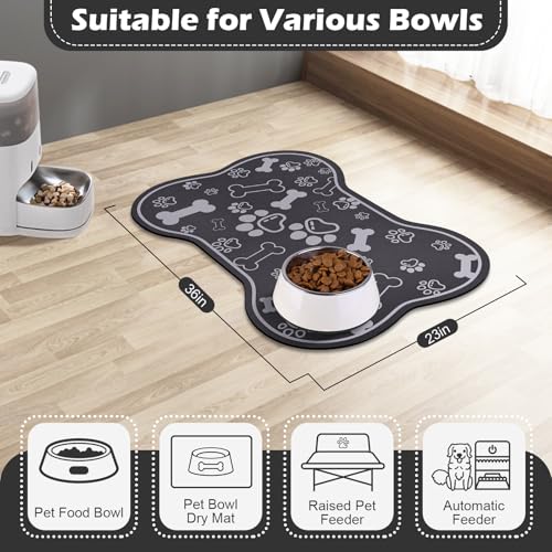 Dog Cat Food Mat (36"L x 23"W / Bone Shaped Dark Grey)