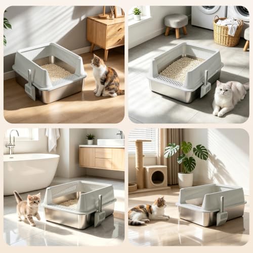 Stainless Steel Litter Box 2 Pack Metal Cat Litter Boxes with Lid (Silver Grey / Large)
