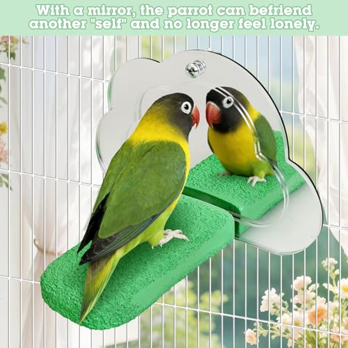 2 PCS Bird Mirror with Perch Resin Parakeet Perches Hanging Parrot Toys Interactive Bird Cage Accessories for Cockatiel Conure Lovebird Finch