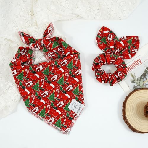 Christmas Dog Bandanas & Matching Scrunchie Set Green Red Dog Scarf Bibs Pet Bandana with Bow Tie for Medium Large Dogs Owner Mom Winter (red green xmas / Large)