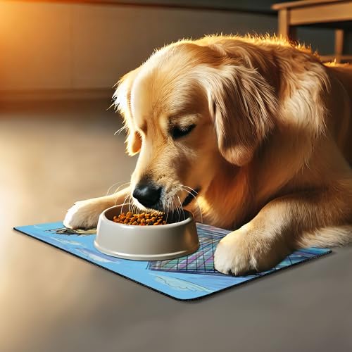 Sketchy Pet Mat for Food and Water (Cream Blue)