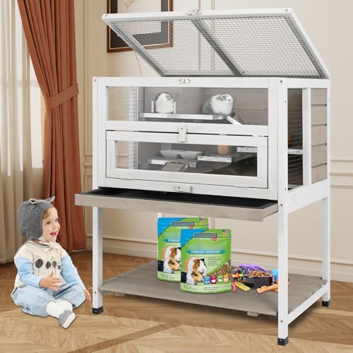 Guinea Pig Cages Hamster Cage Indoor with Stand Storage Wooden Outdoor Small Animals Habitat with Hideout House Pull Out Tray (25.6"L x 17.5"W x 30.0"H)