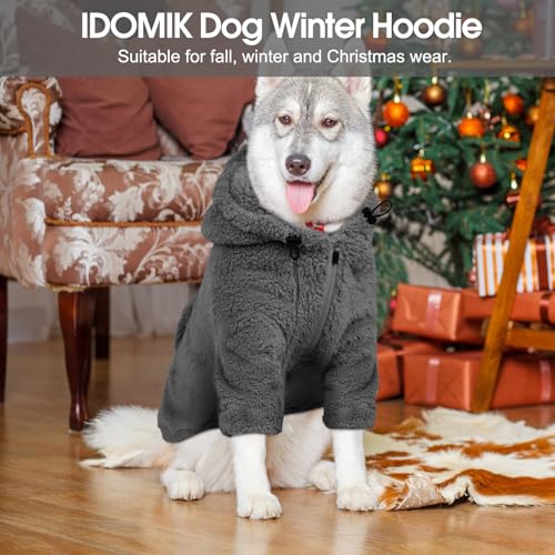 Fuzzy Dog Sweater with Adjustable Hood & Harness Hole (Large / Grey)