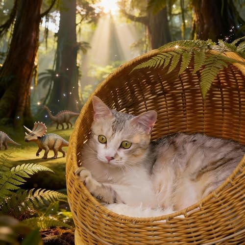 Dinosaur Cat Tree 46” Cat Scratching Posts with Large Rattan Bed (Dinosaur)