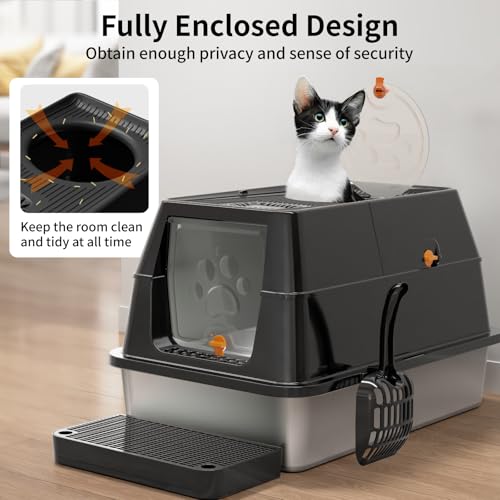Stainless Steel Cat Litter Box with Lid (Black)
