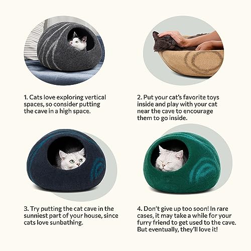 Cat Cave Merino Wool Bed for Indoor Cats (Black Aqua, Large)