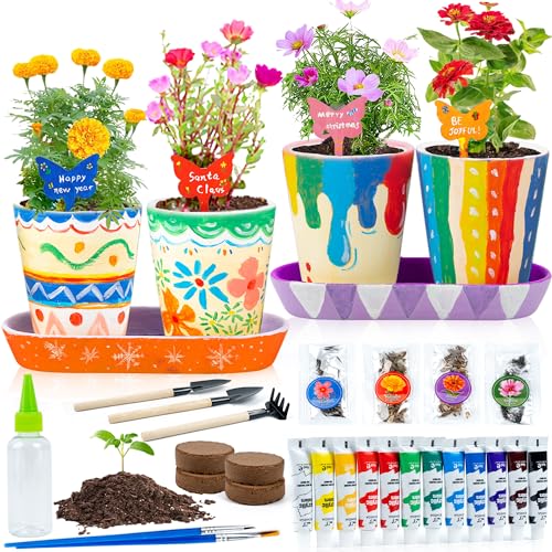 Kids Gardening Set Paint and Plant Stoneware Flower Gardening Kit with 4 Pots Arts and Crafts for Kids Ages 8 (4-set)