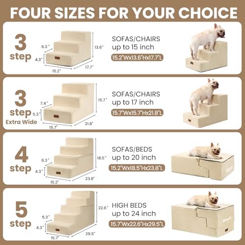 Dog Stairs for Small Dogs (Beige / Wider 3-Step 15.7" H)