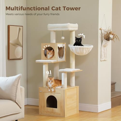 57.5" Cat Tree with Litter Box Enclosure (Beige / XL(18.9"L x 18.9"W x 57.5"H))