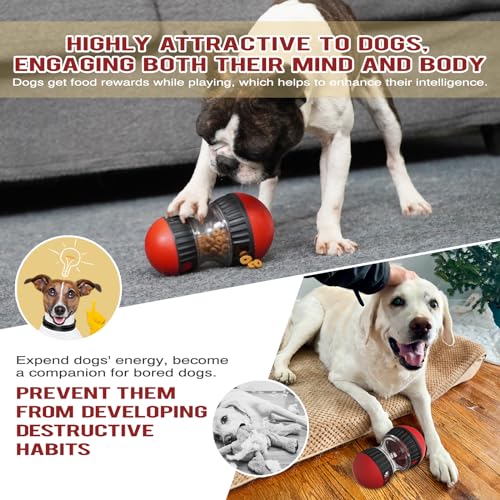 Dog Food Puzzle Toy Adjustable Treat Dispensing Food Dispenser Slow Feeder Bowls Puppy Enrichment Toy Ball Dog Interactive Chase Training Toys for Small Medium Large Dogs (Red - Single - Standard)