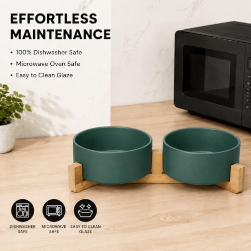 Ceramic Dog and Cat Bowl Set with Wooden Stand (7.6 cups / Green × 2)