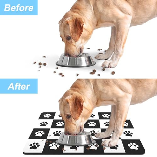 Dog Food Mat 12" x 19" Footprint Absorbent Dog Cat Bowl Mat for Food and Water (A-Black White Footprint / 12"L x 19"W)