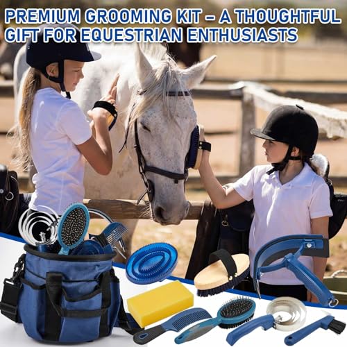 9 Pcs Horse Grooming Kit Tack Room Supplies (Classic / Dark Blue)