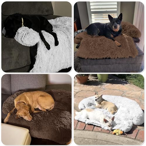 Calming Dog Bed Fluffy Plush Dog Mat for Furniture Protector with Removable Washable Cover for Large Medium Small Dogs and Cats (Coffee / 53.0"L x 39.3"W x 6.0"Th)