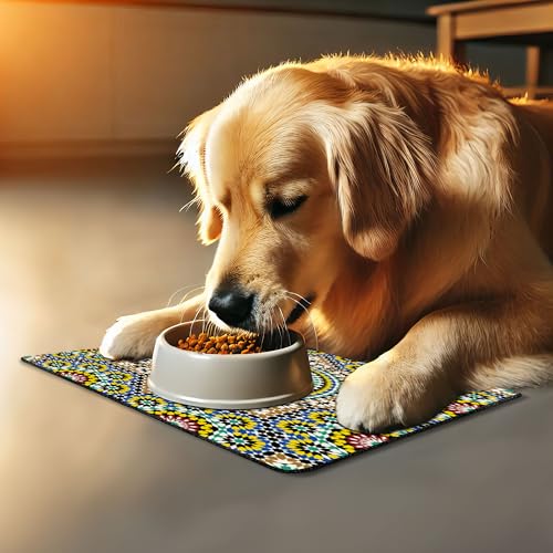 Moroccan Pet Mat for Food and Water (Khaki Blue)