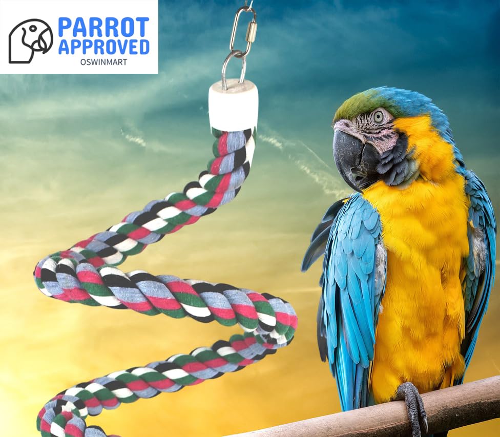 94.4inch Length Colorful Cotton Bendable Rope Perch Swing Bird Chew Toys Amazon Parrots Cage Toys with Bell Swing Climbing Standing Bungee Bird Toys for Regular to Big Size Birds (94.4'x1pc)