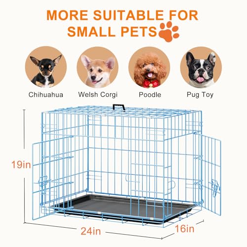 24" Foldable Metal Dog Crate (Blue)