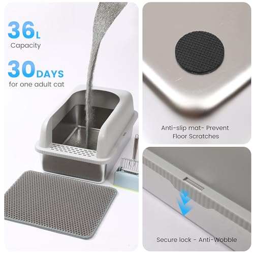 Stainless Steel XL Cat Litter Box for Big Cats (11.8inch-Light Grey / X-Large)