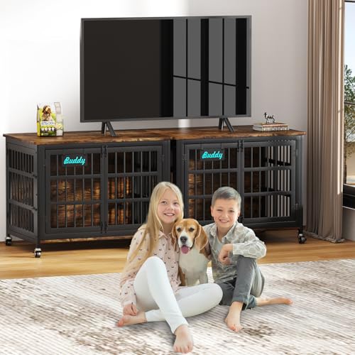 41"/33"/27" Dog Crate Furniture with Name Tag, Heavy Duty Dog Kennel Indoor for Medium Dogs, Double-Doors Sturdy Metal Dog Cage for Anxiety Dog, Decorate House as TV Stand, End Table (40.8"L x 29.3"W x 30.2"H / Brown)