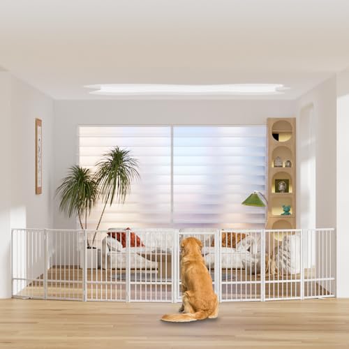 Full Metal Freestanding Dog Gate with Door (【8 Panels】160"W*32H" / White)