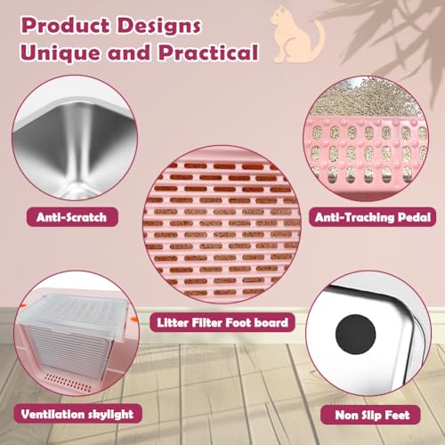 Pink Stainless Steel Covered Cat Litter Box (Pink((With Mat&Step))