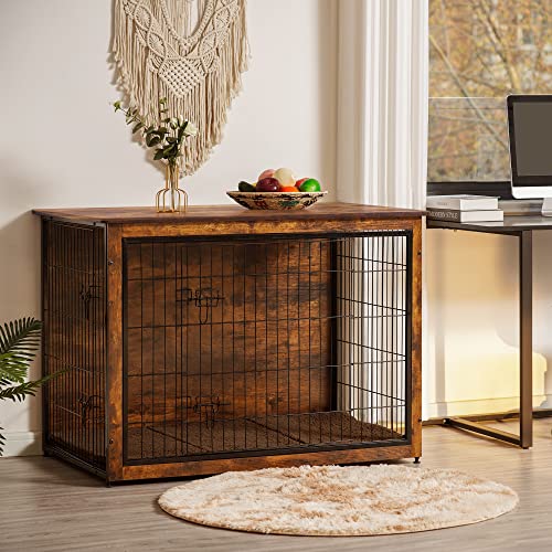 43.3" XXL Dog Crate Furniture with Cushion (Rustic Brown / 43.3"L x 29.1"W x 31.7"H)