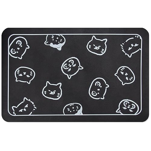 Cat Food and Water Mat for Pets (Black & Multiple cat heads Logo / 24"L x 16.9"W)