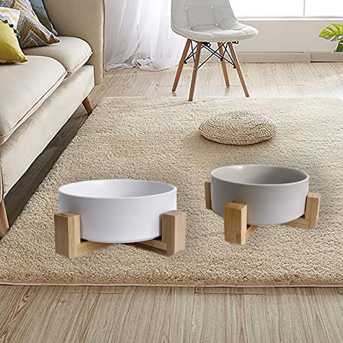 Ceramic Dog Cat Bowl with Wood Stand (【1Pcs White】)