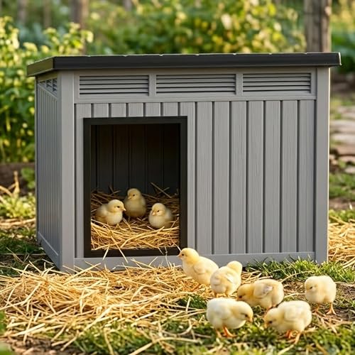 Weather Resistant Resin Chicken Nest Box with Lift Strut and Perimeter Drain Holes(Grey) (Grey&Black / 32.2"L x 25.1"W x 24.1"H)