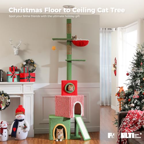 83 108'' Floor to Ceiling Cat Tree for Large Adult Cats (L(82''-108'') / Xmas Red)