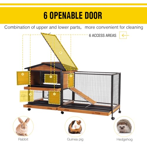 Rabbit Hutch Indoor with Metal Frame Rabbit Cage with Pull Out Tray No Leakage Bunny Cage with Wheel Guinea Pig Cage (Orange)