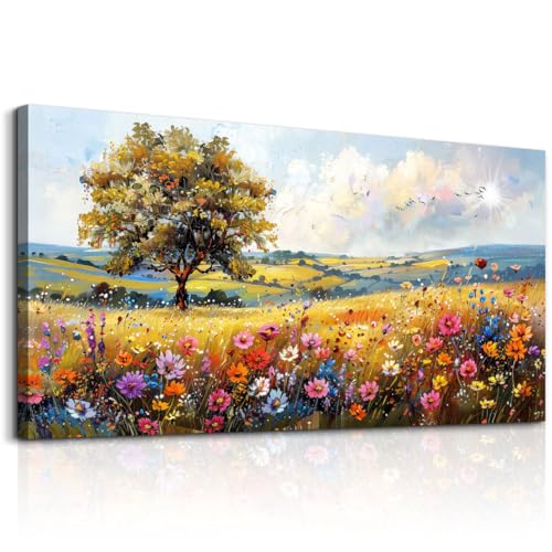 Canvas Wall Art For Living Room Wall Decor For Bedroom Office Decorations Field Pictures Artwork Flower Scenery Watercolour Wall Paintings Aesthetic Room Home Decor Ready to Hang (40"L x 20"W / Field Landscape)