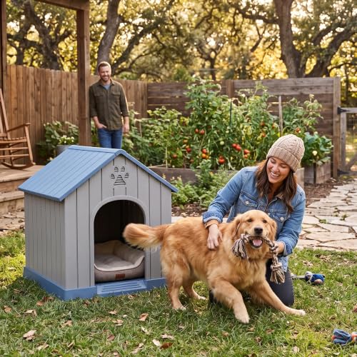 Dog House Resin Indoor Outdoor Large Dogs Shelter (Classic Blue / Large Dog: 38 Inch)