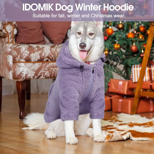 Fuzzy Dog Sweater with Adjustable Hood & Harness Hole (Large / Light Purple)